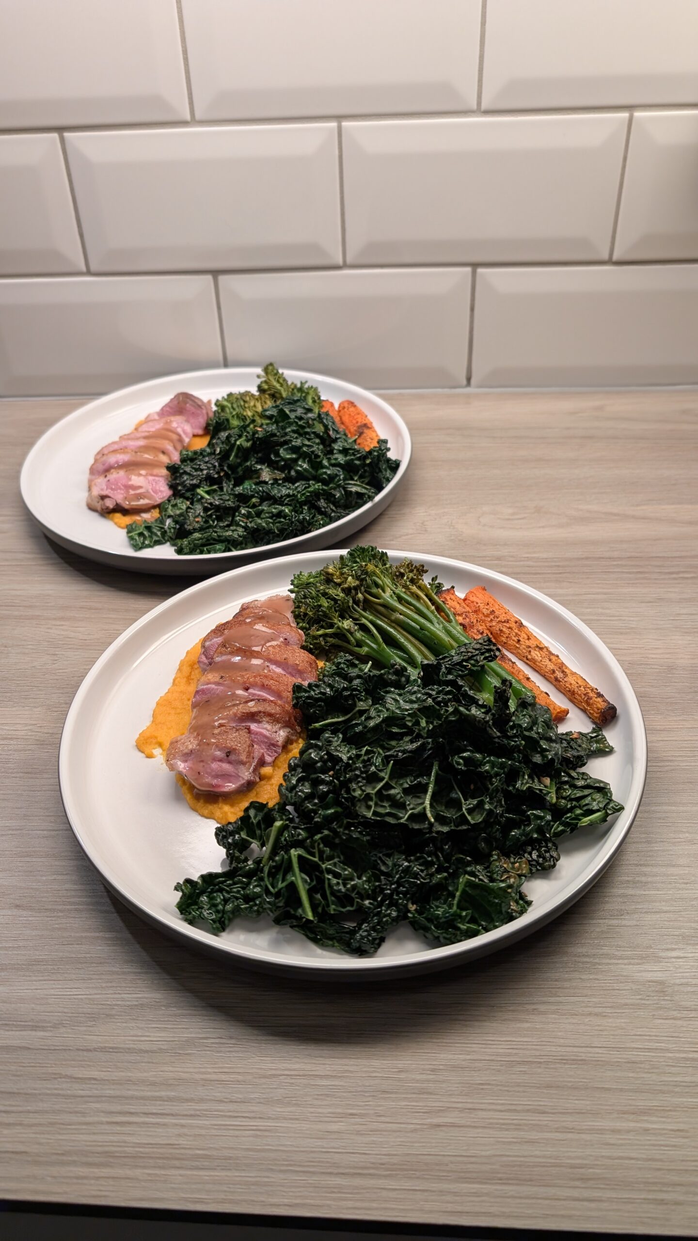 Pan Fried Duck Served on a Sweet Potato Puree with Roasted Vegetables