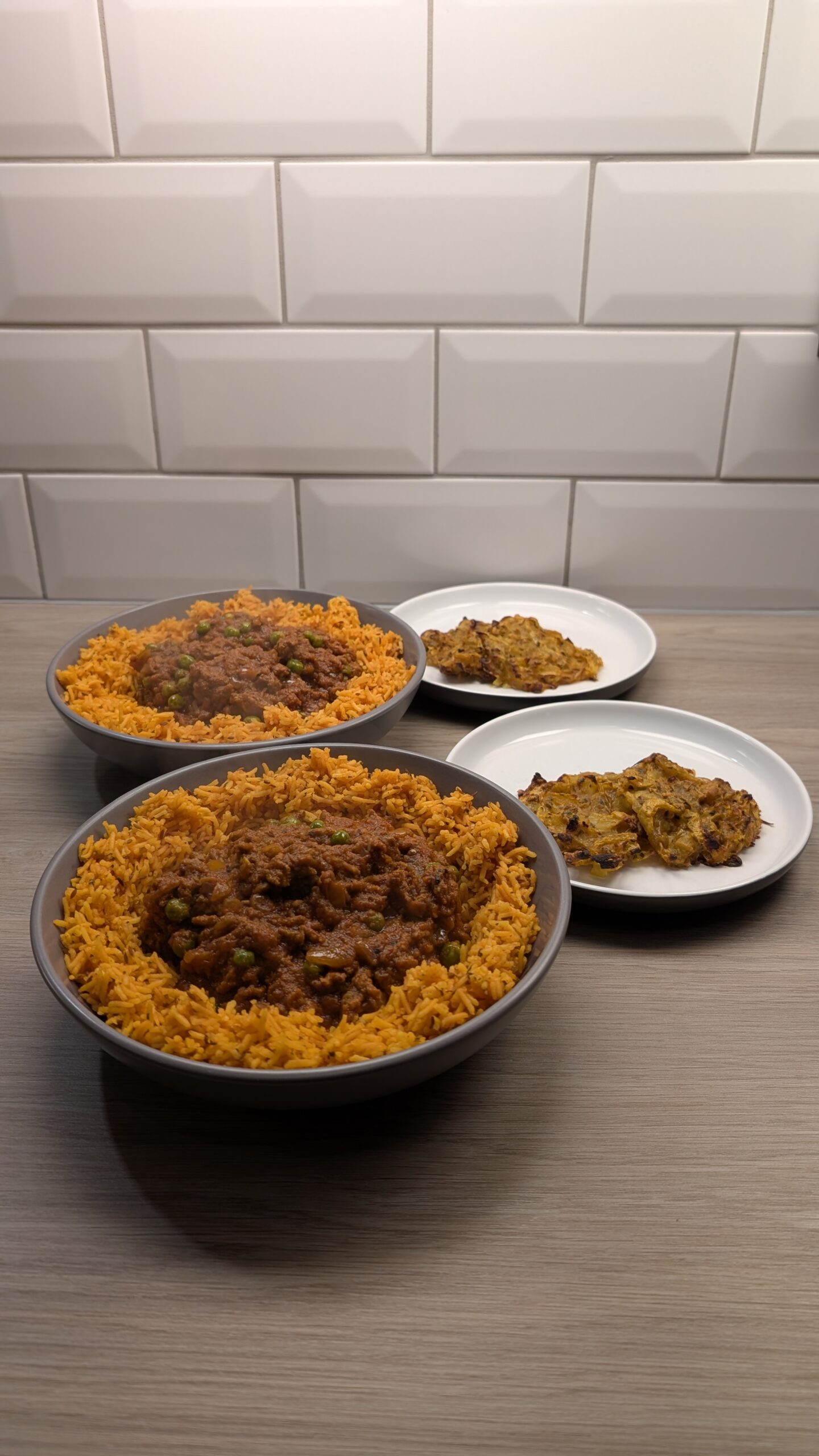 Beef Keema and Spiced Rice with Onion Bhajis