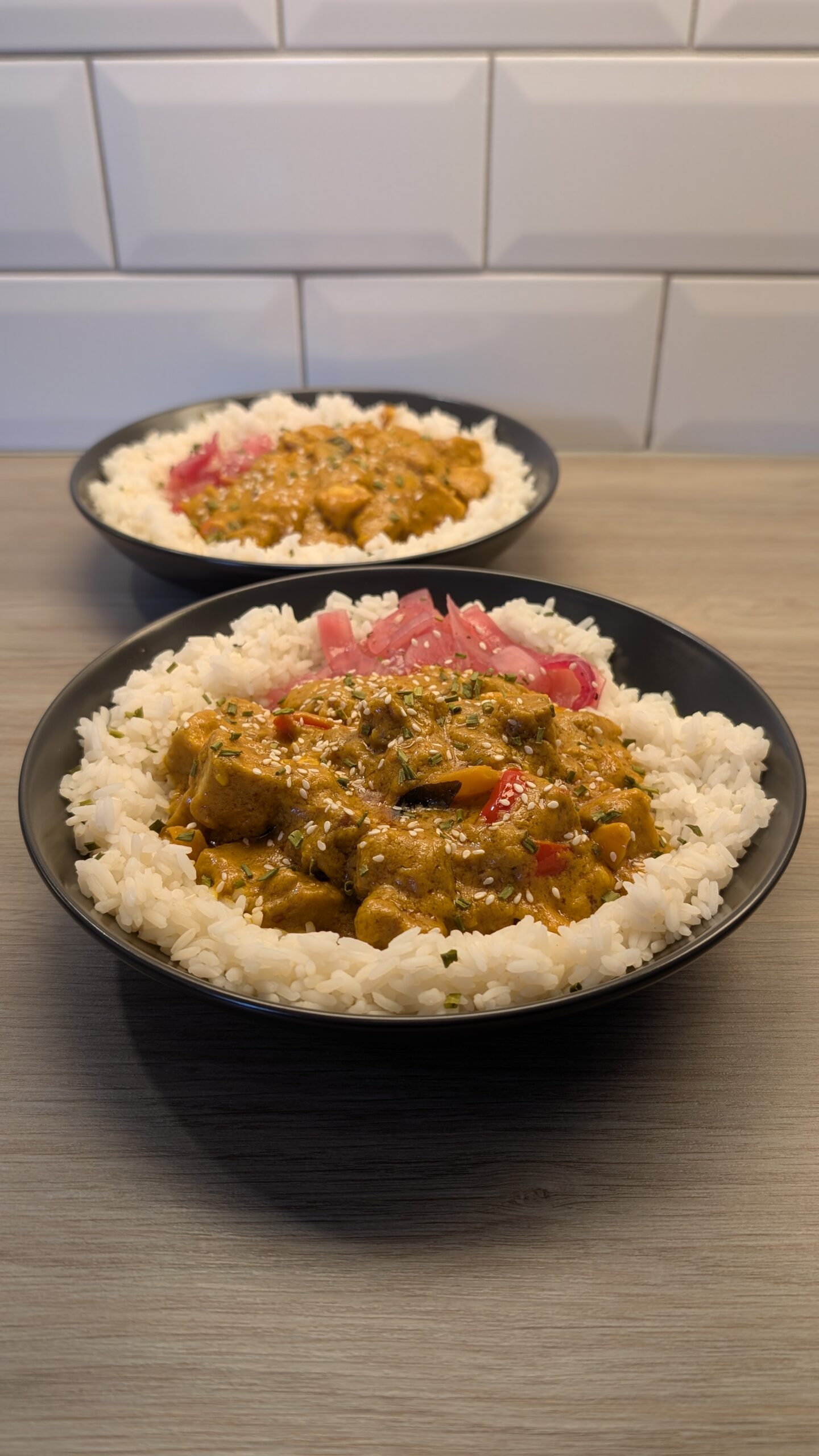 Peanut Curry and Fragrant Rice with Pickled Red Onions