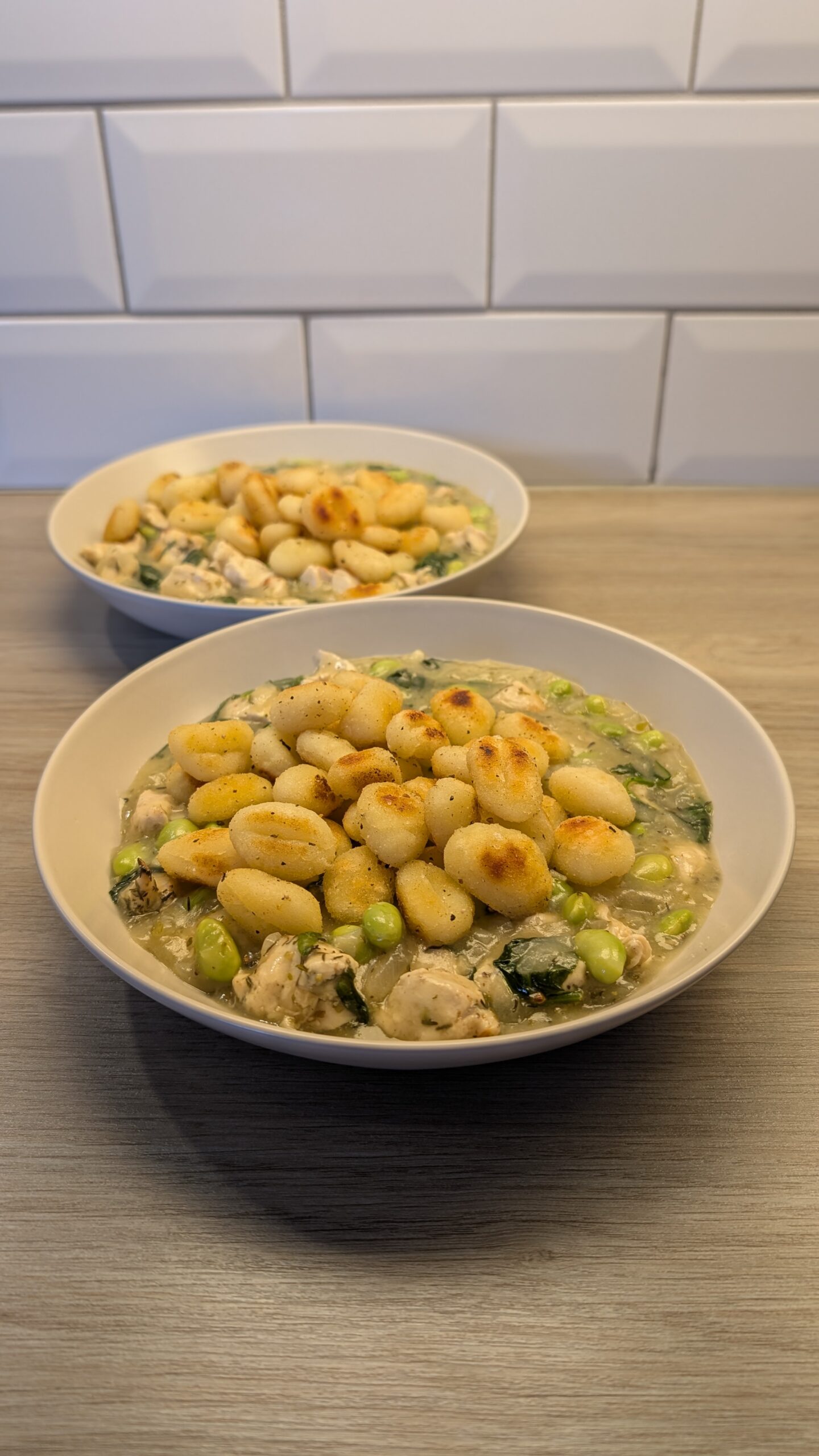 Crispy Gnocchi on a Creamy Chicken and Edamame Sauce