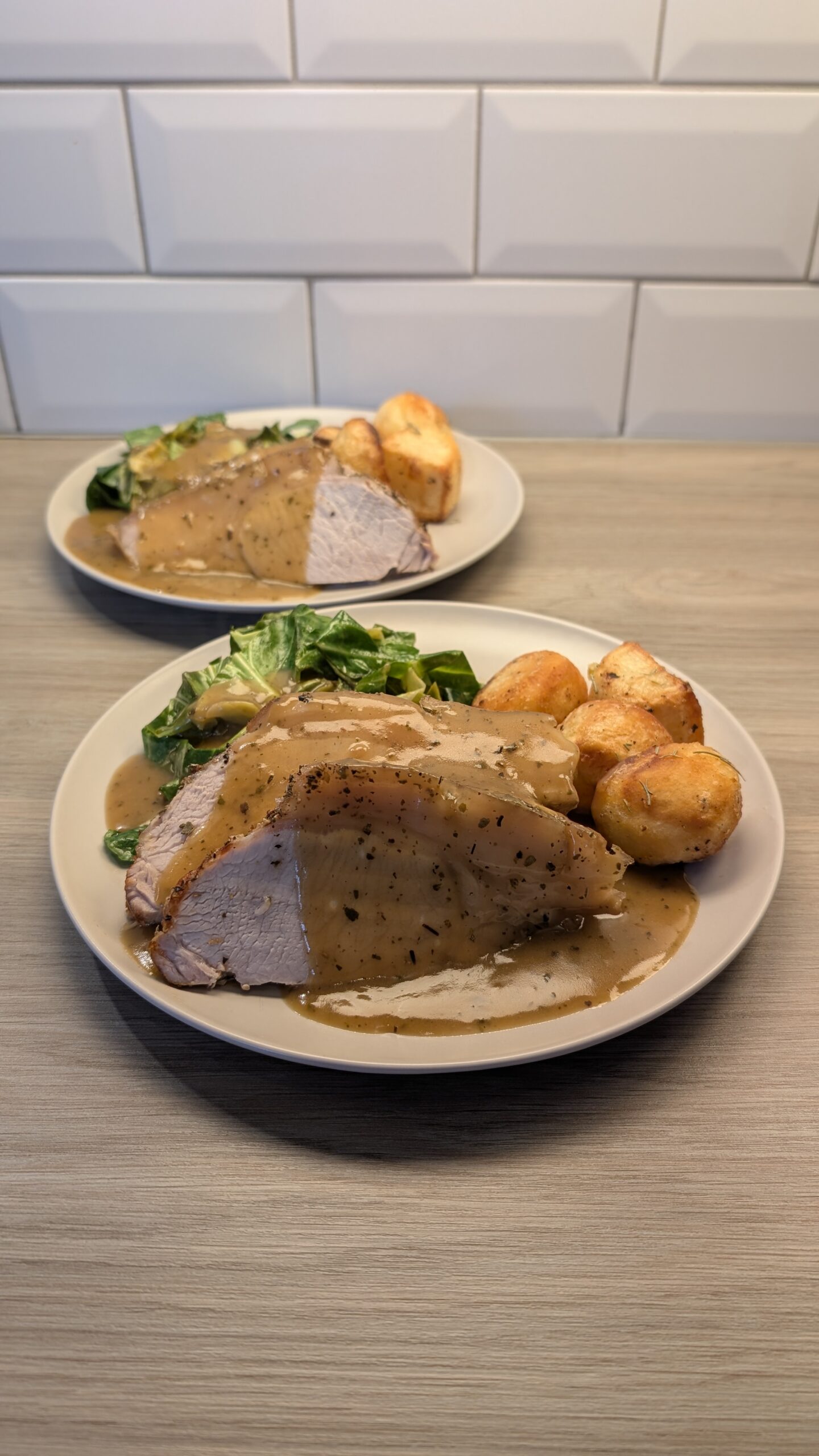 Pork Loin, Rosemary Roast Potatoes and Spring Greens with Gravy