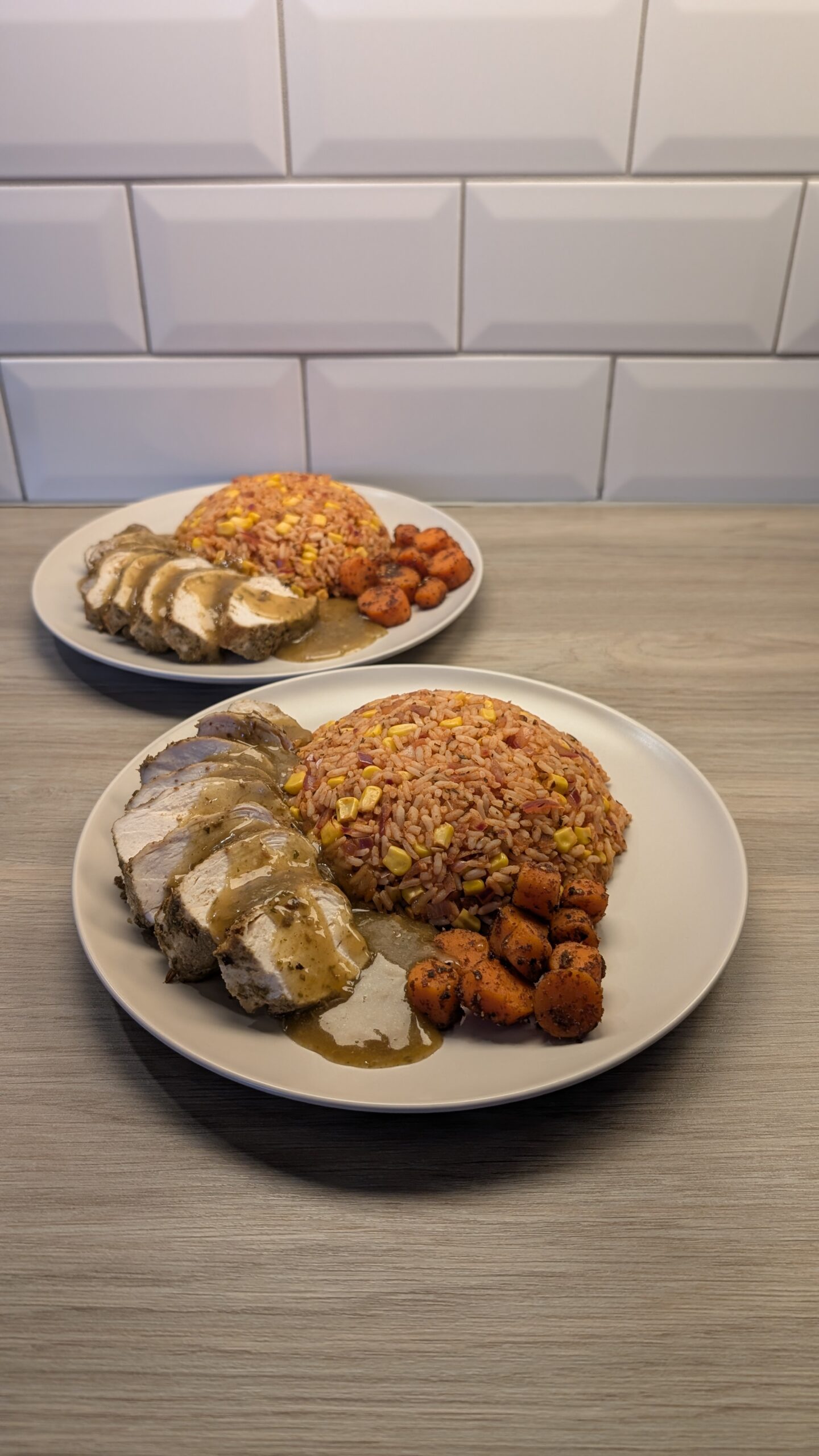 Pan Fried Chicken Breast, Vegetable Rice, Sumac Carrots with a Chicken Cumin Reduction