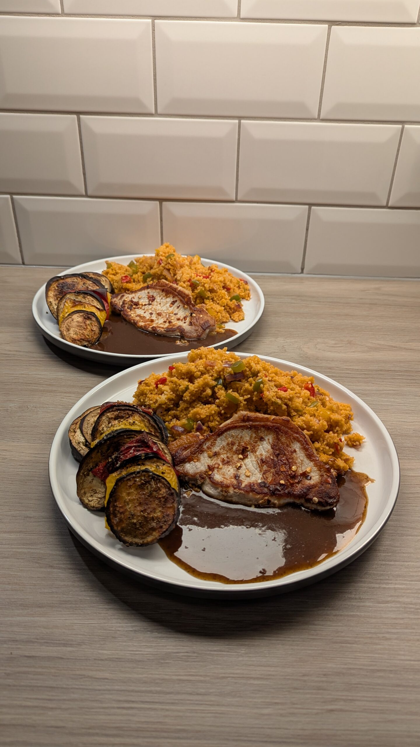 Chilli Lime Pork Loin, Smokey Pepper Cous Cous and Grilled Vegetables with a Sumac and Balsamic Vinegar Pan Sauce