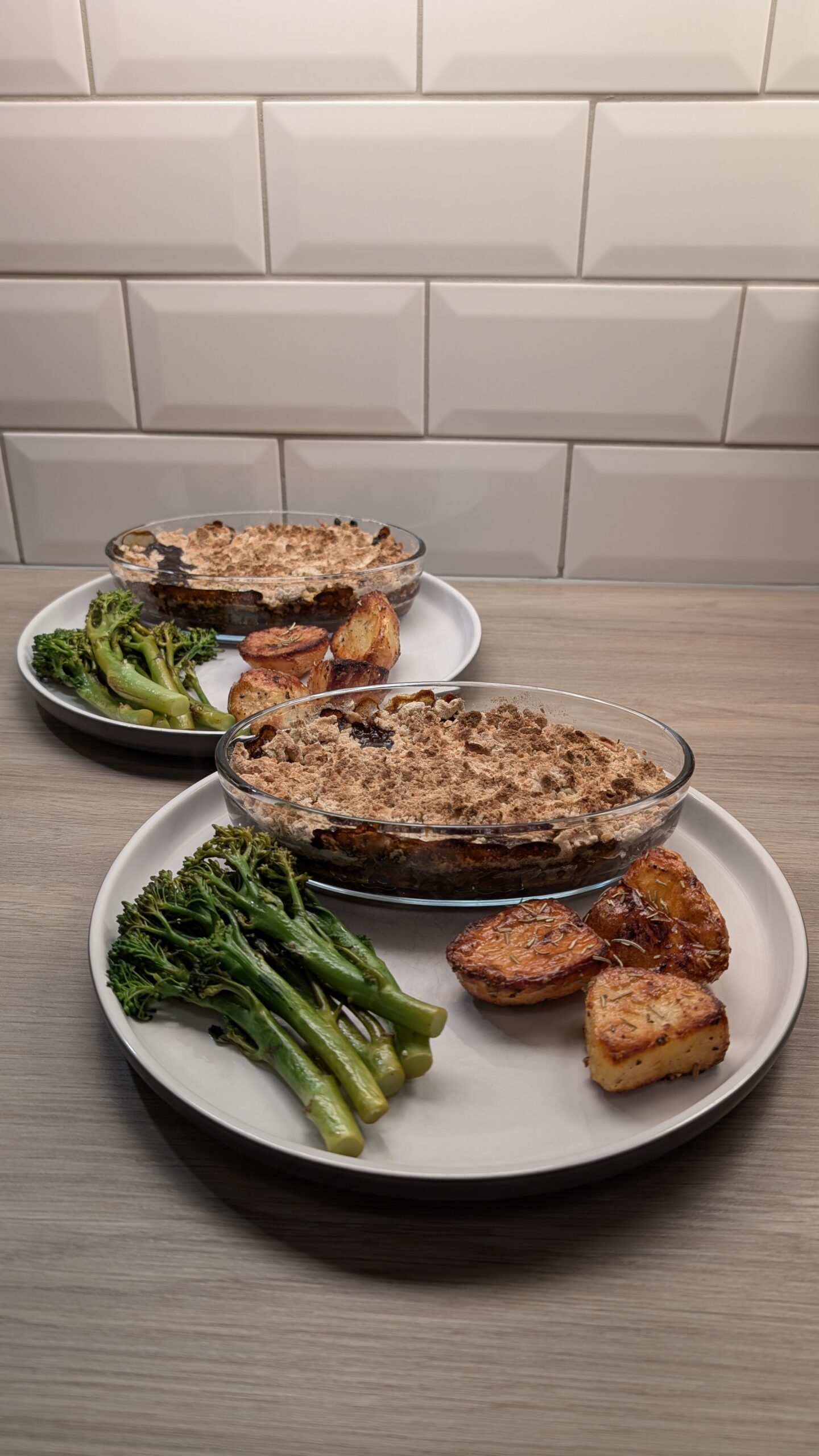 Beef ‘Crumble’, Rosemary Roast Potatoes and Balsamic Tenderstem Broccoli