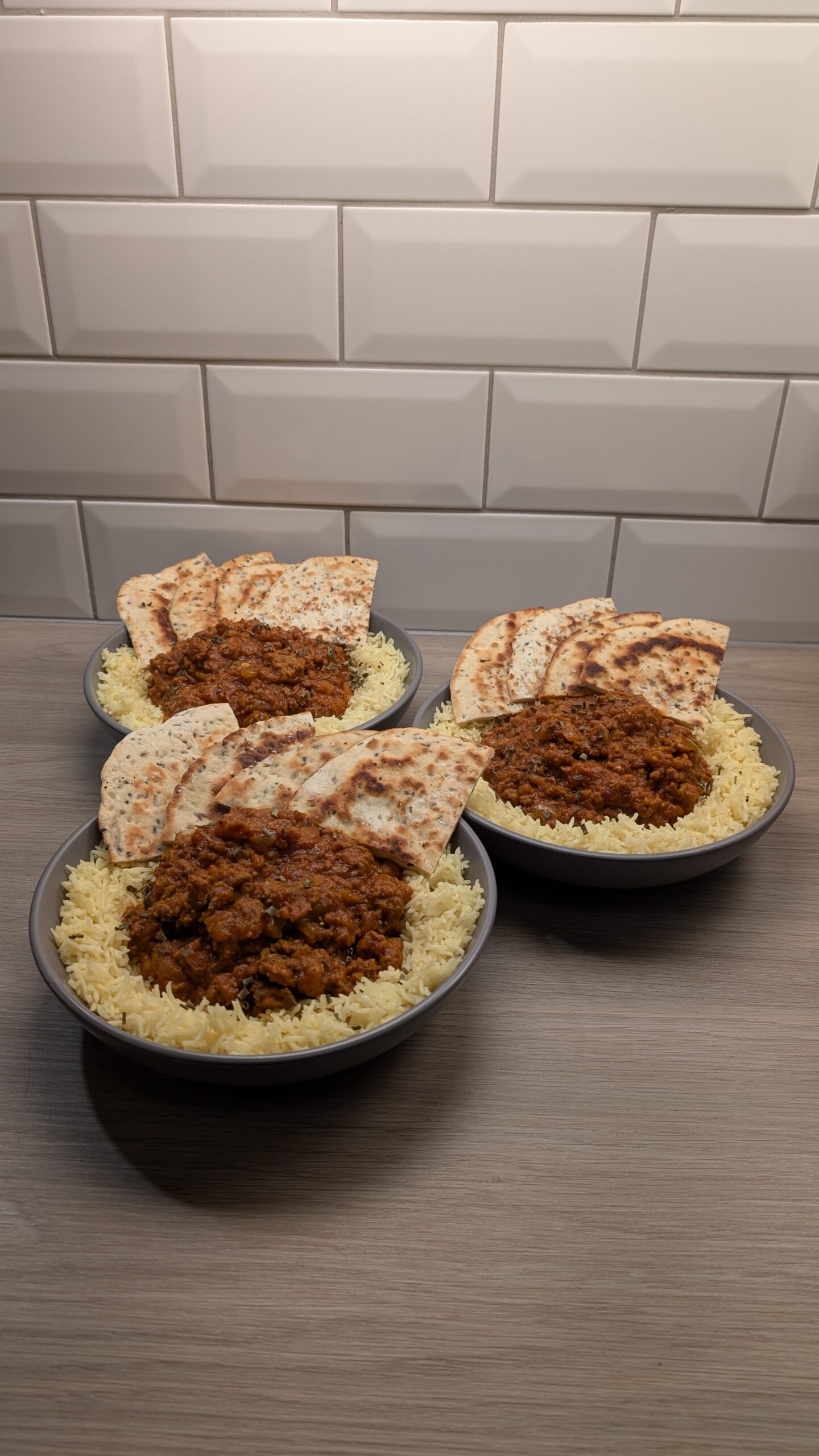 Beef Keema and Garlic Rice with Cumin Flat Breads