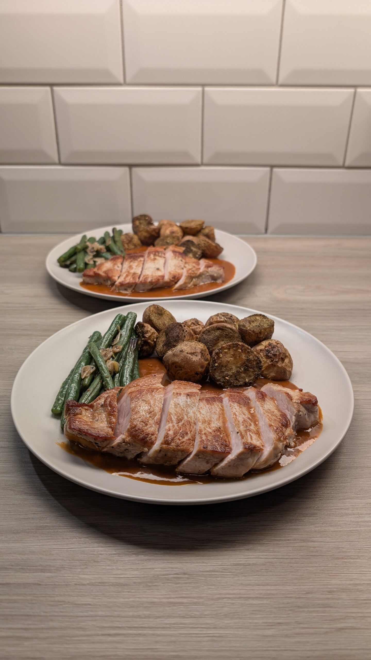 Pork Loin Steak, Za’atar Potatoes and Garlic Green Beans with a Smokey Harrisa Pan Sauce