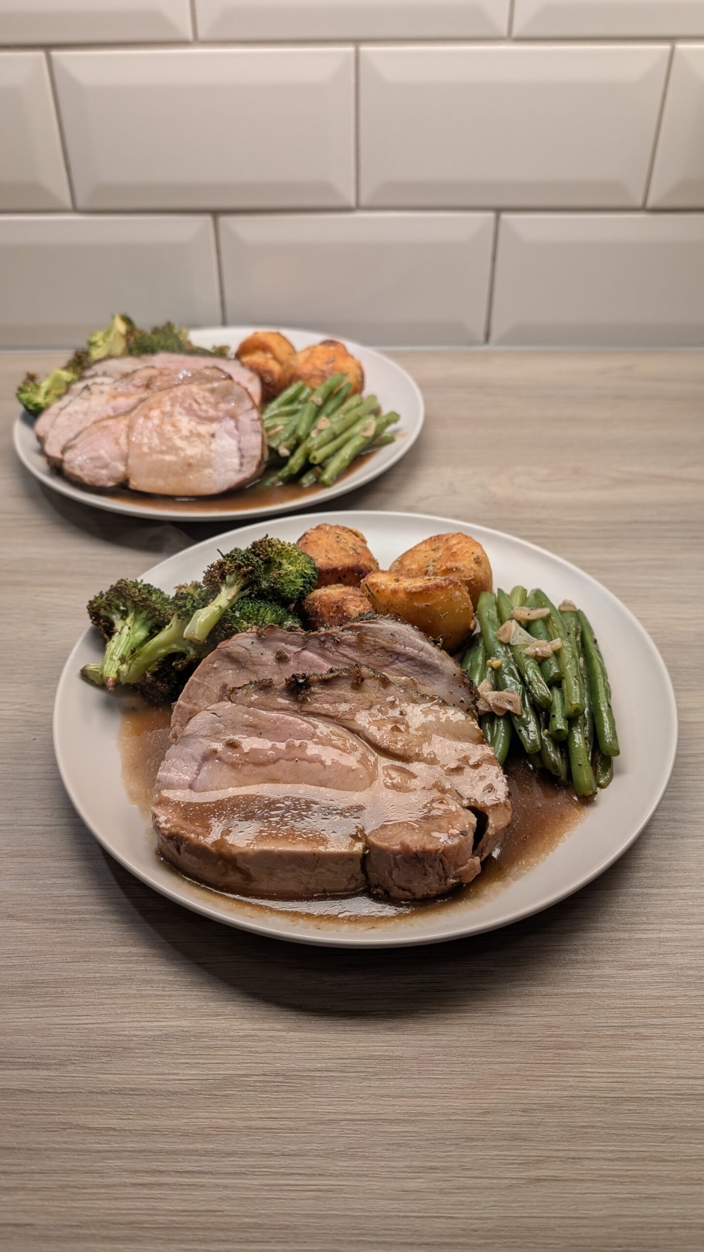 Sage Roast Pork Loin, Garlic and Rosemary Roast Potatoes, Garlic Green Beans and Roasted Broccoli with a Mustard Gravy