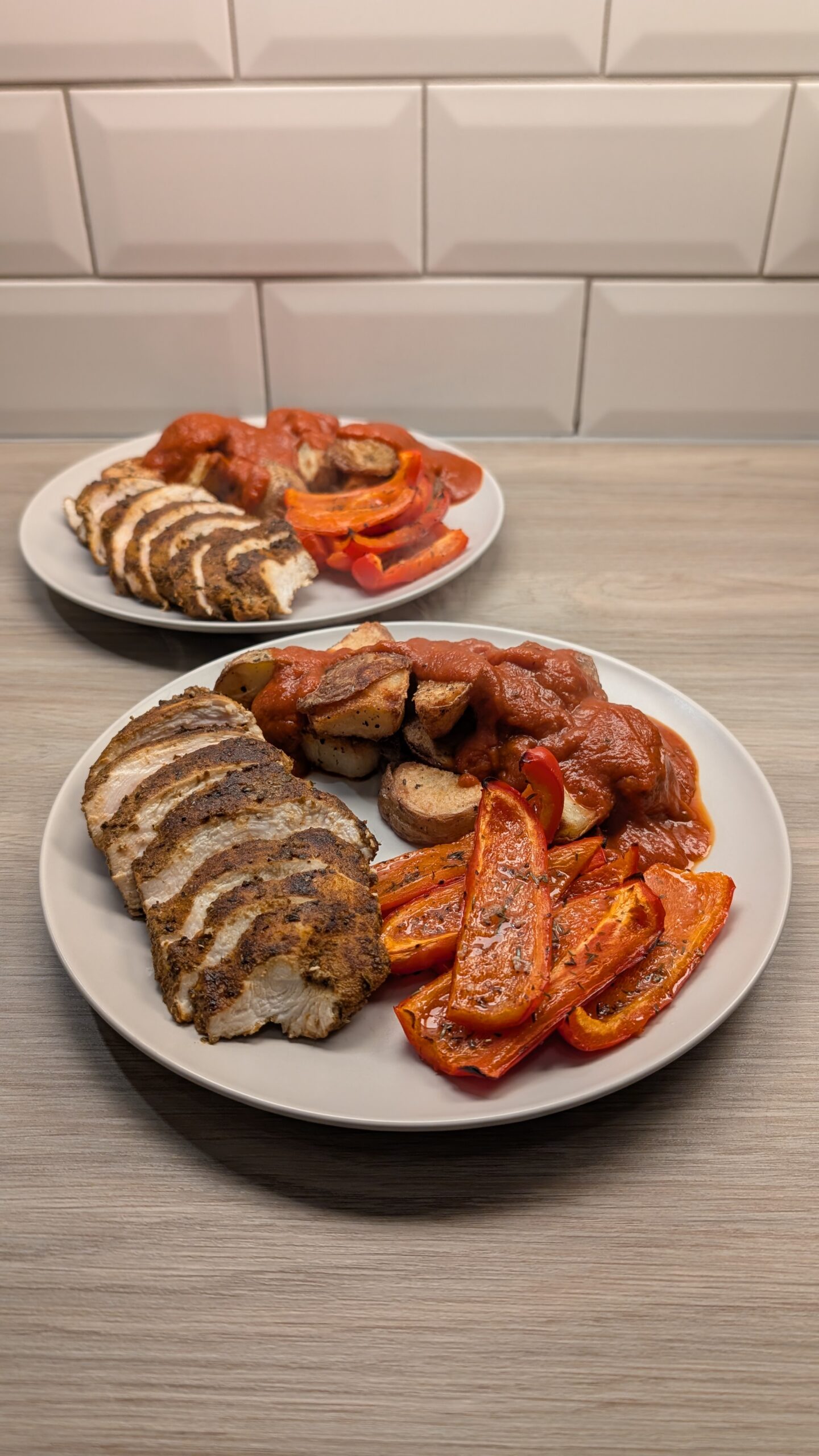 Spanish Chicken, Patatas Bravas and Grilled Peppers