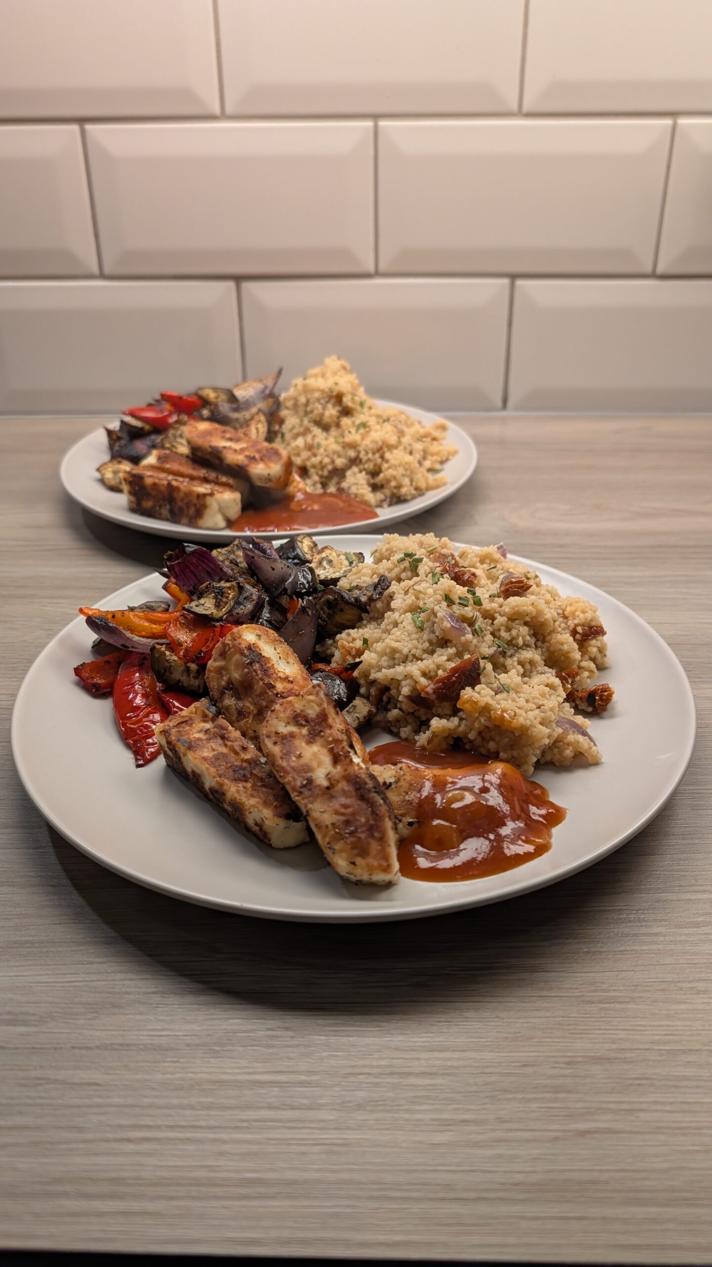 Crispy Halloumi, Roasted Mediterranean Vegetables and Sun-dried Tomato Cous Cous with a Sweet Chilli Jam