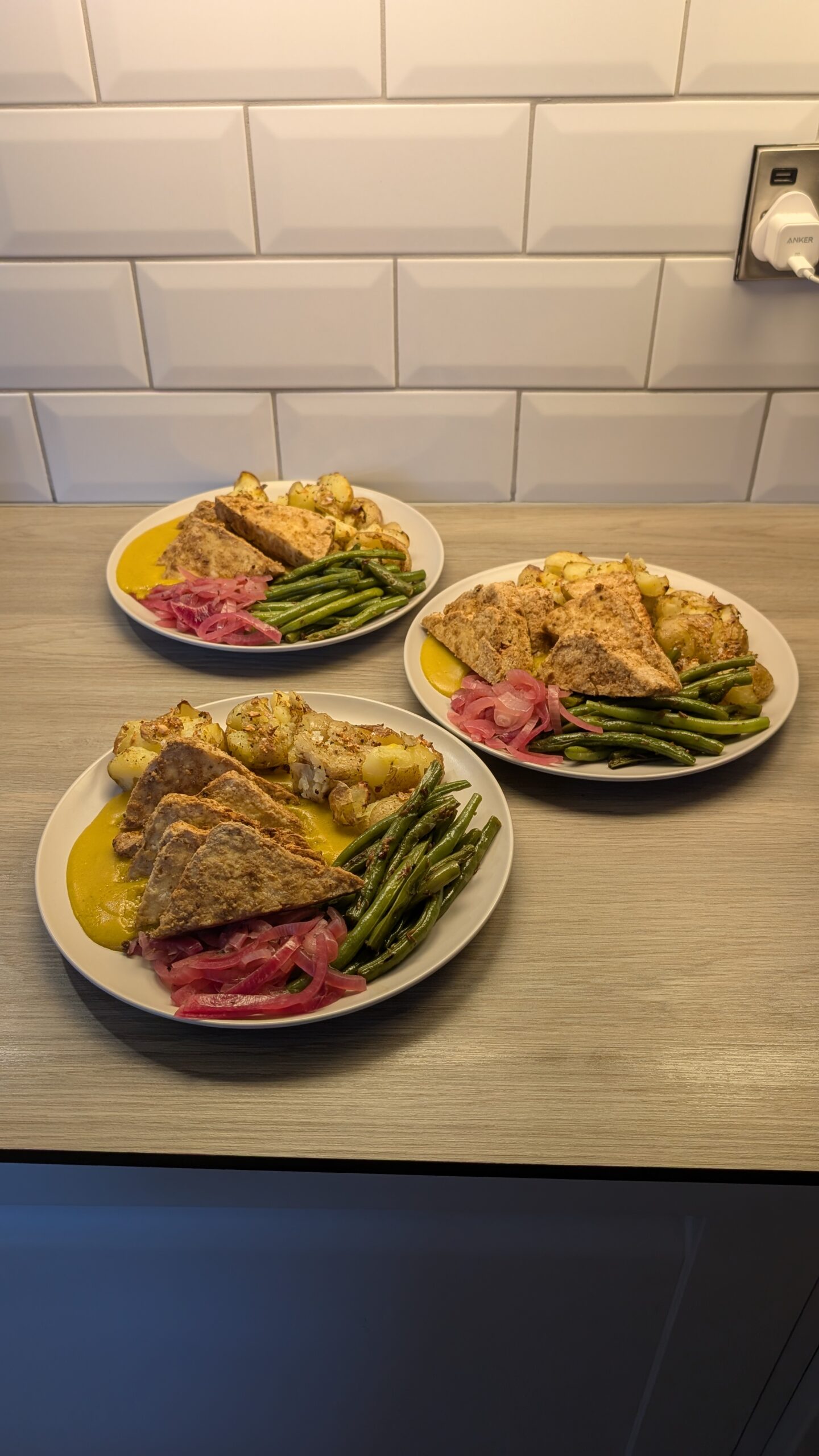 Crispy Ginger Tofu, Crushed Garlic Potatoes, Chilli Green Beans and Pickled Red Onion with a Creamy Mustard Sauce