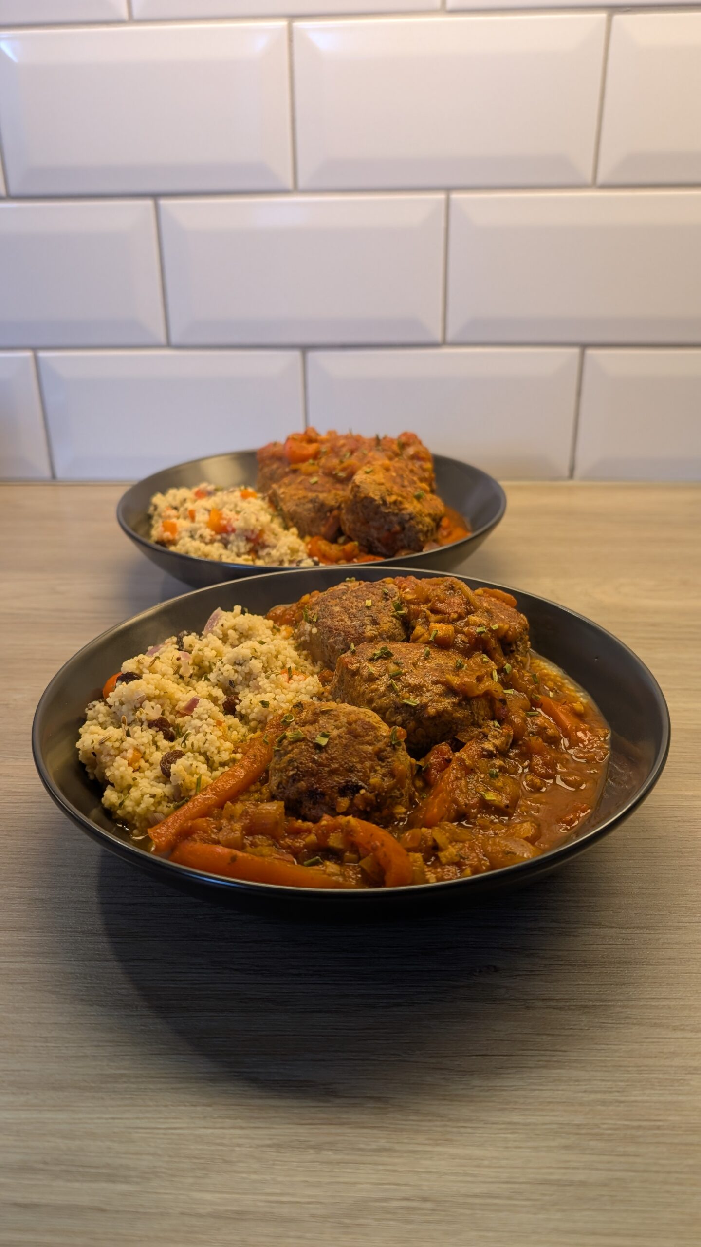 Sumac Turkey Meatballs in a Ginger Tomato Sauce with Vegetable Cous Cous
