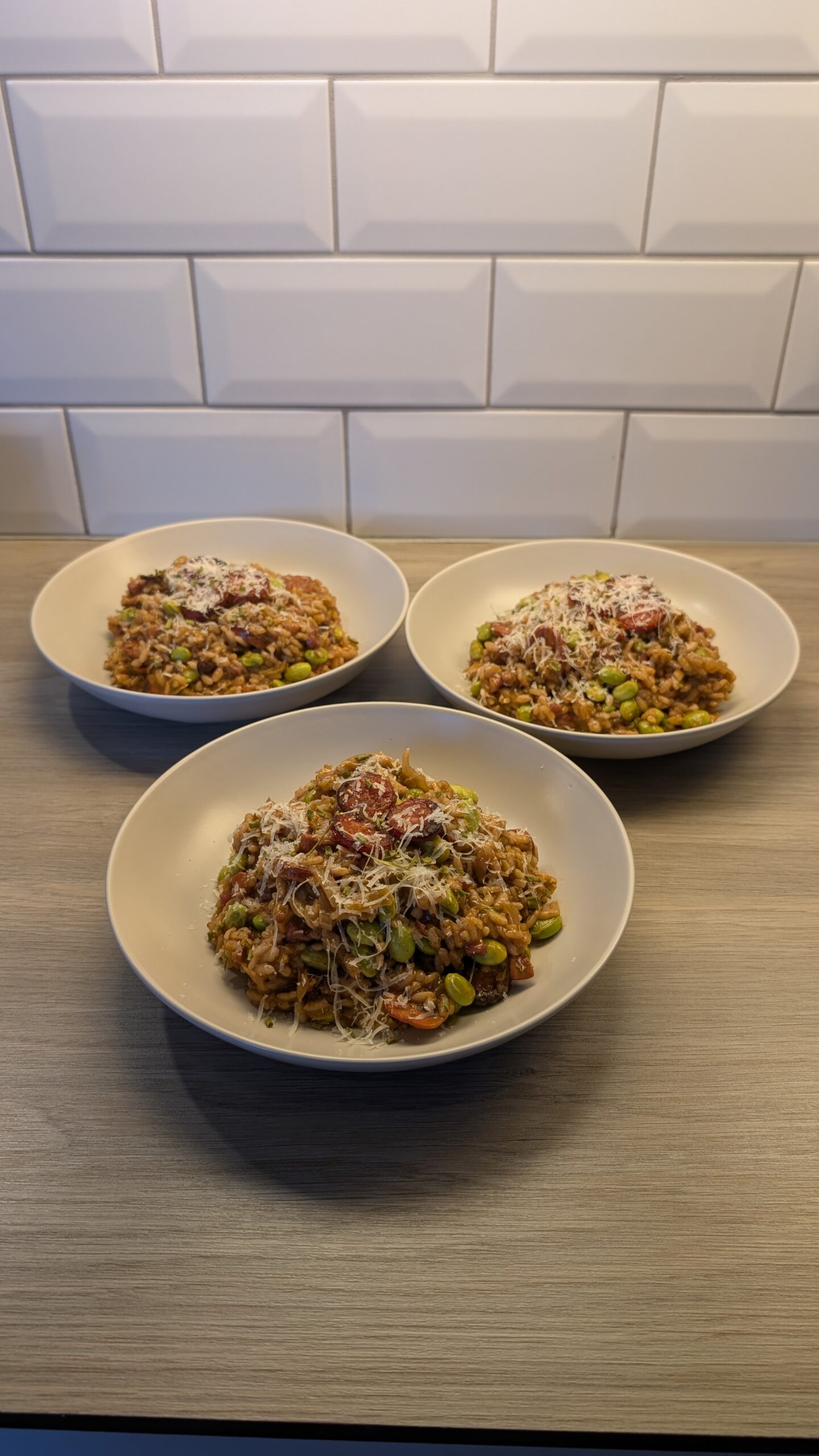 Chorizo, Edamame Bean, Pancetta and Red Wine Risotto