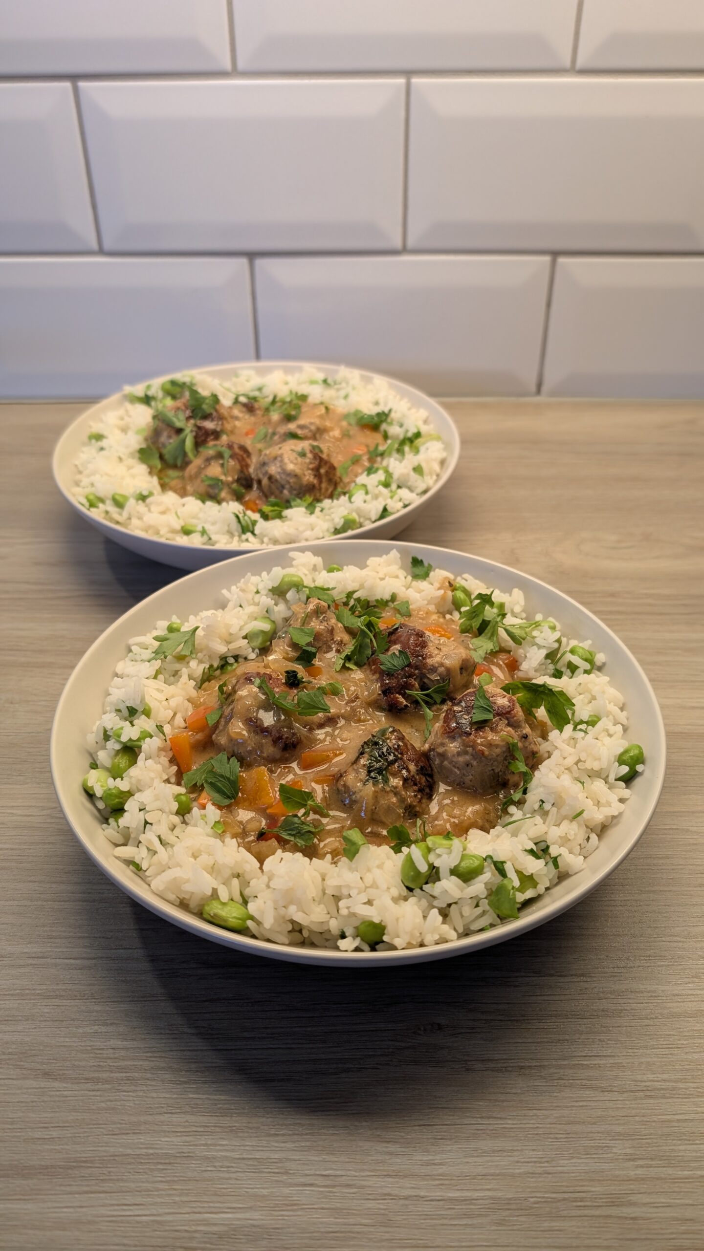 Pork Meatballs in a Creamy Mustard Sauce with Edamame Rice