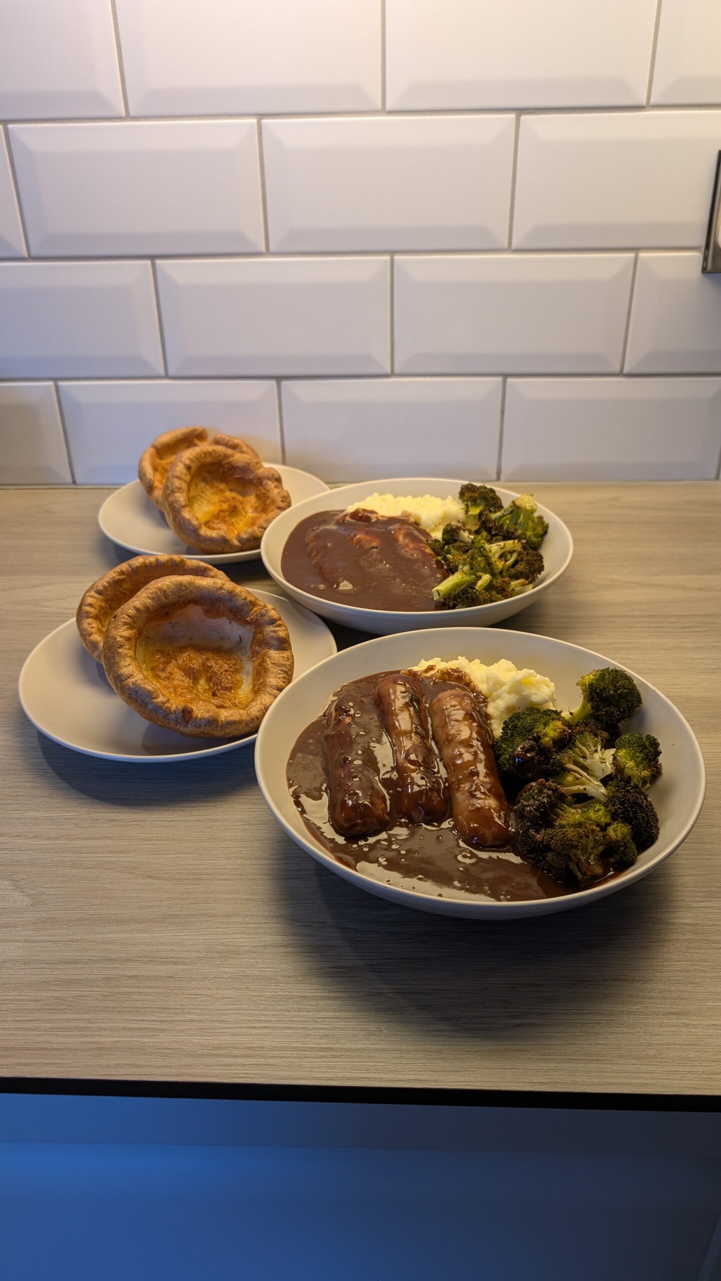 Sausage, Garlic Mash, Roasted Broccoli and Rosemary Yorkshire Puddings with a Red Wine Gravy