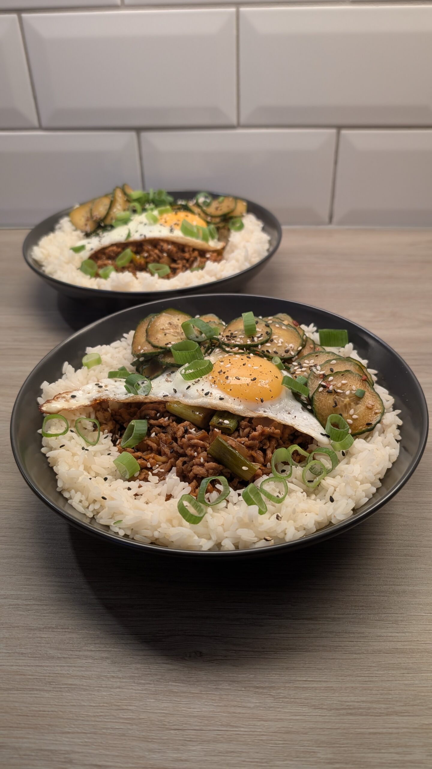 Gochujang Ground Pork, Oi Muchim, Rice and Fried Egg