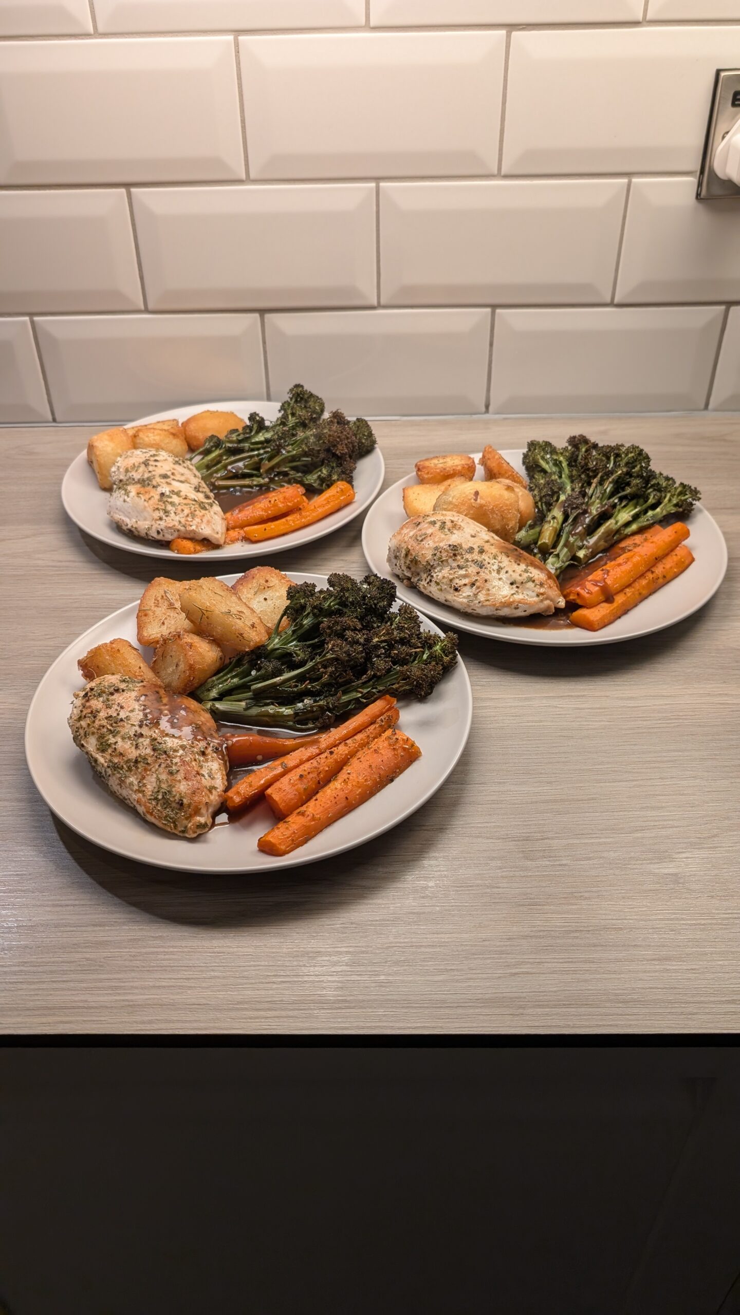 Lemon and Parsley Chicken Breast, Garlic and Rosemary Roast Potatoes, Honey Glazed Carrots, Cumin Purple Sprouting Broccoli and a Balsamic Gravy