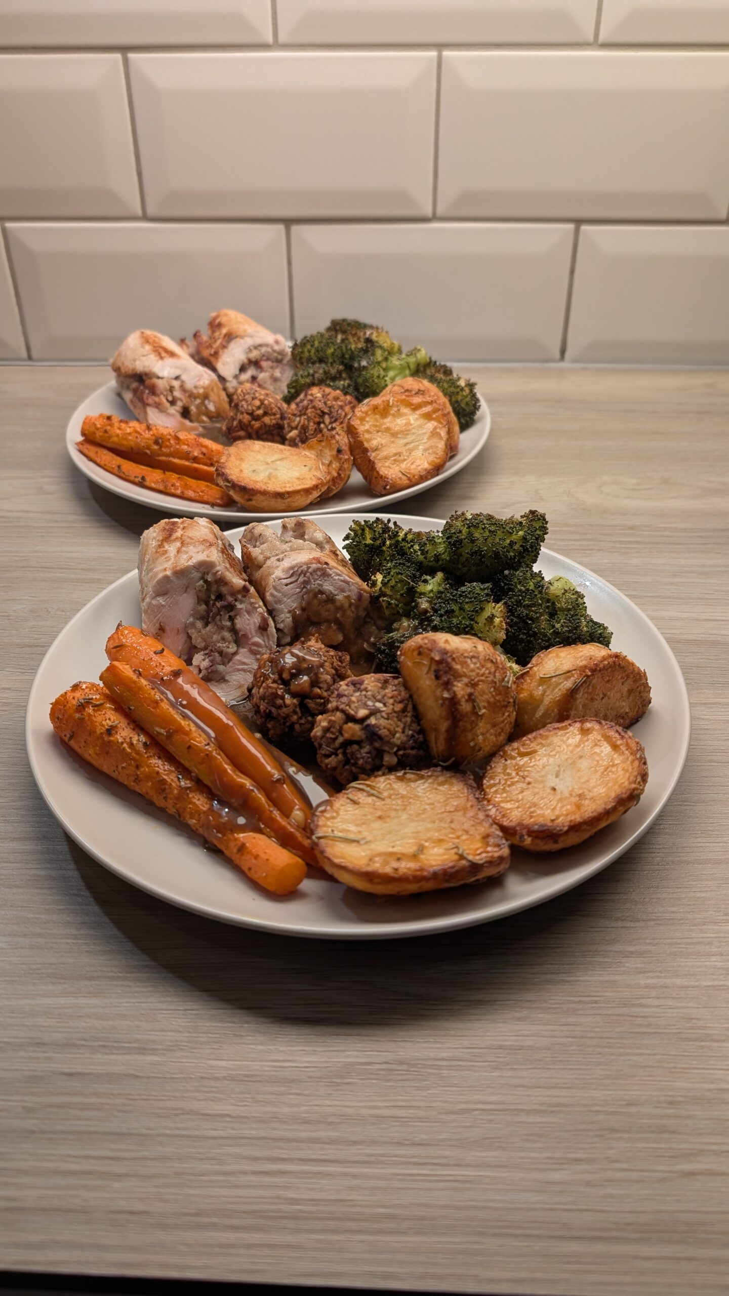 Turkey, Stuffing and Cranberry Ballotine, Rosemary Roast Potatoes, Cumin and Sumac Carrots, Thyme Broccoli and Stuffing