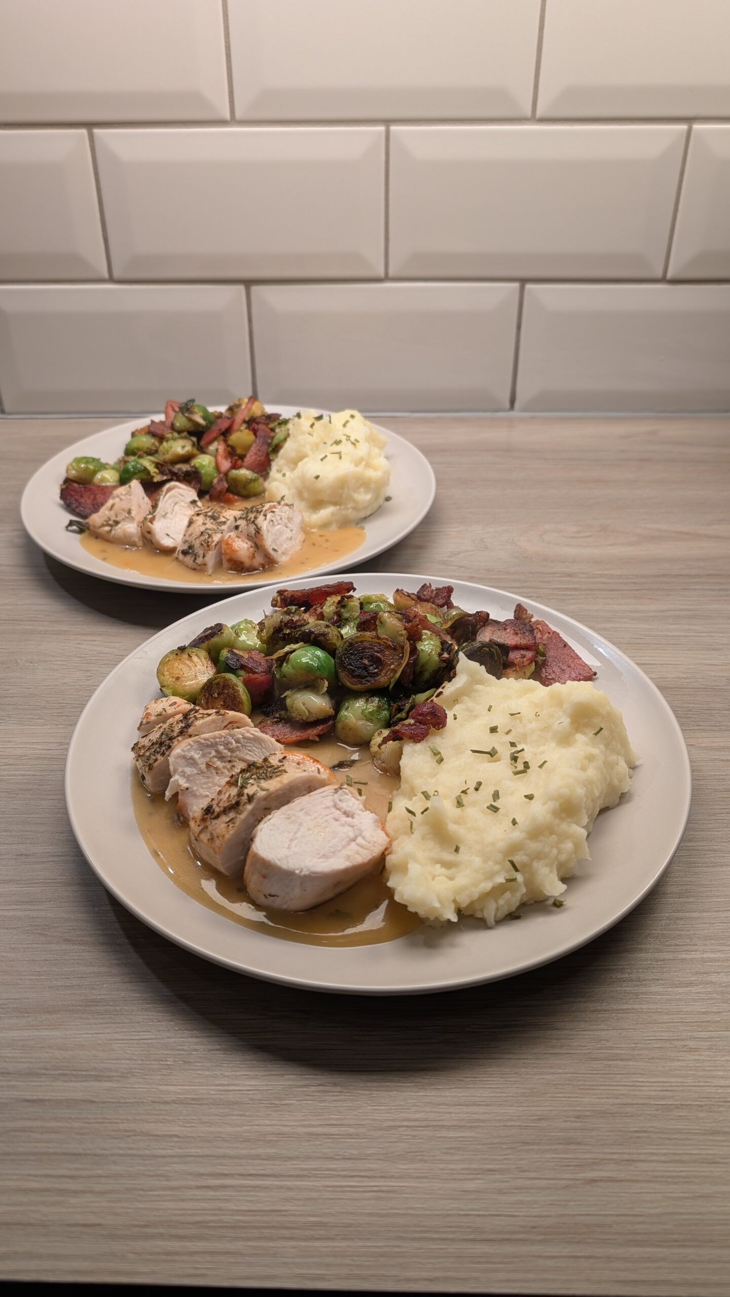 Lemon and Thyme Chicken Breast, Bacon Brussel Sprouts and Garlic Mash Potato with a Chicken Sauce