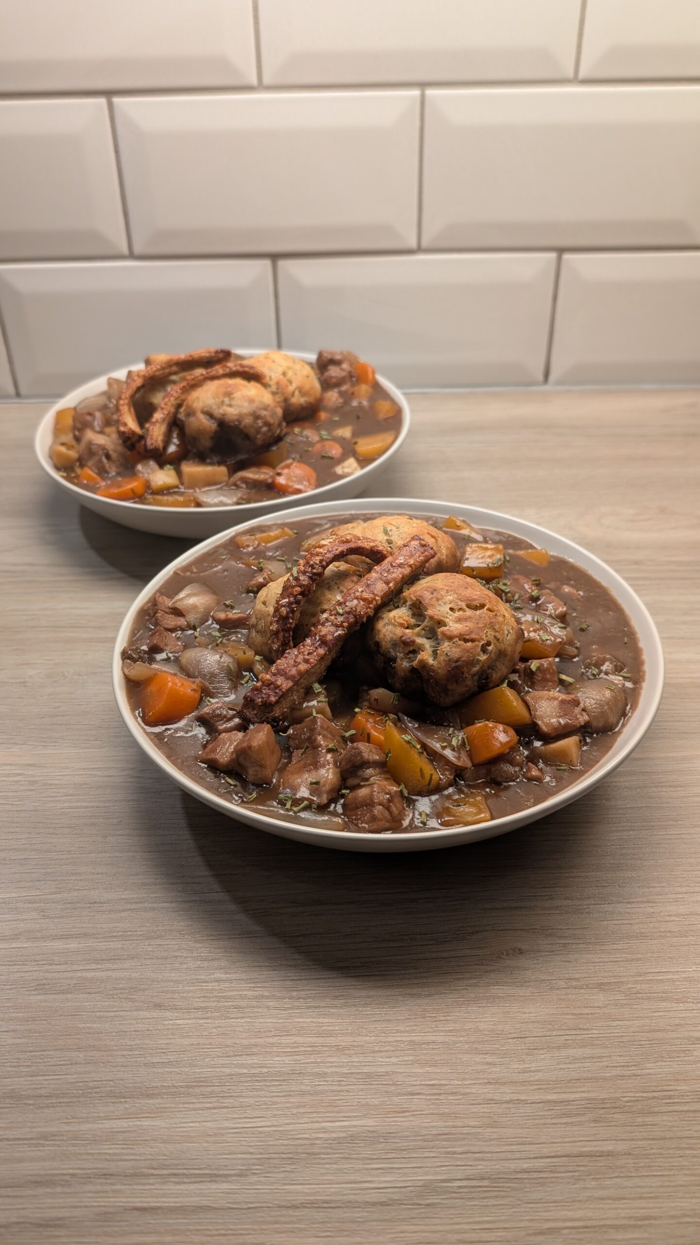 Red Wine Pork Belly Stew, Sage and Onion Dumplings and Crackling