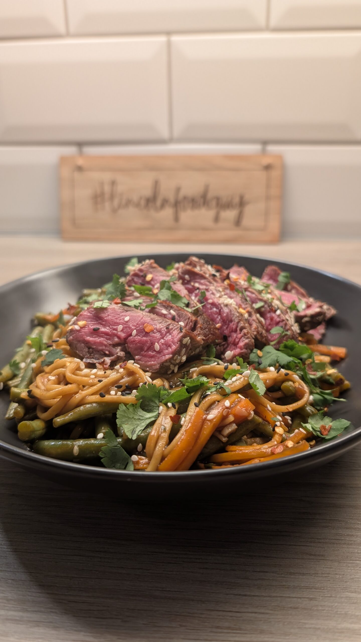 Sesame Basted Fillet Steak with Carrot and Green Bean Stir Fry