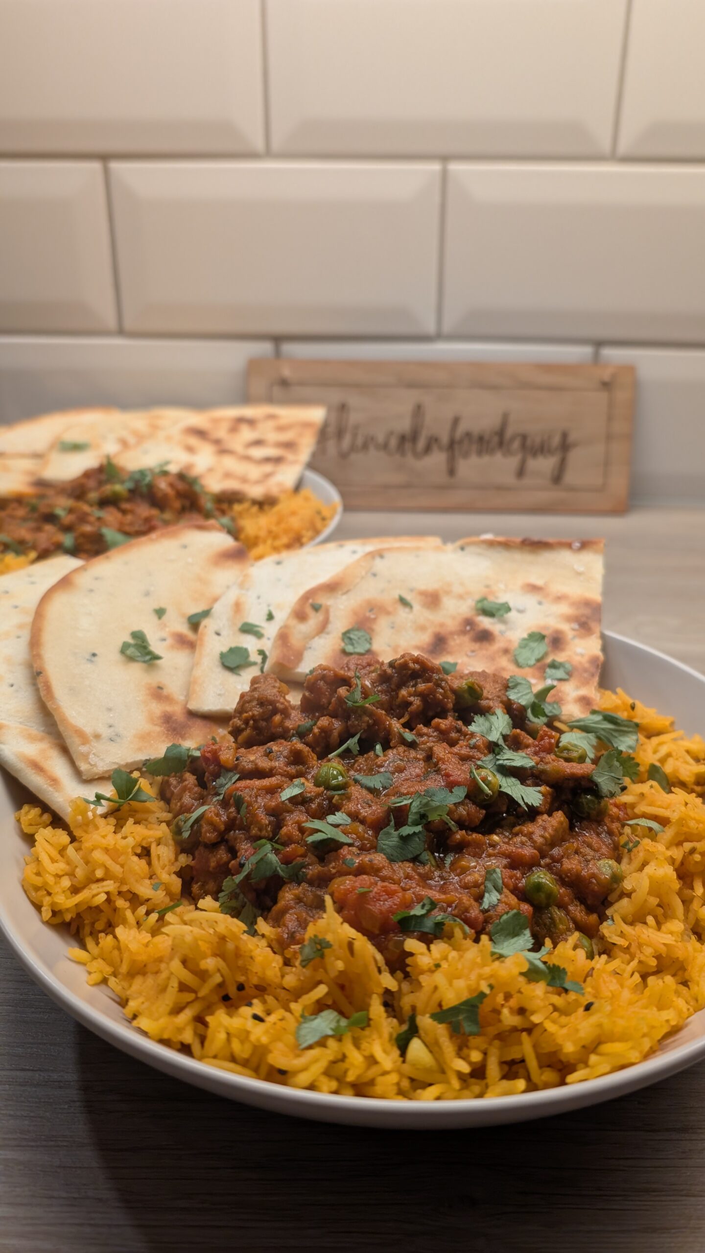 Lamb Keema, Pilau Rice and Flat Breads