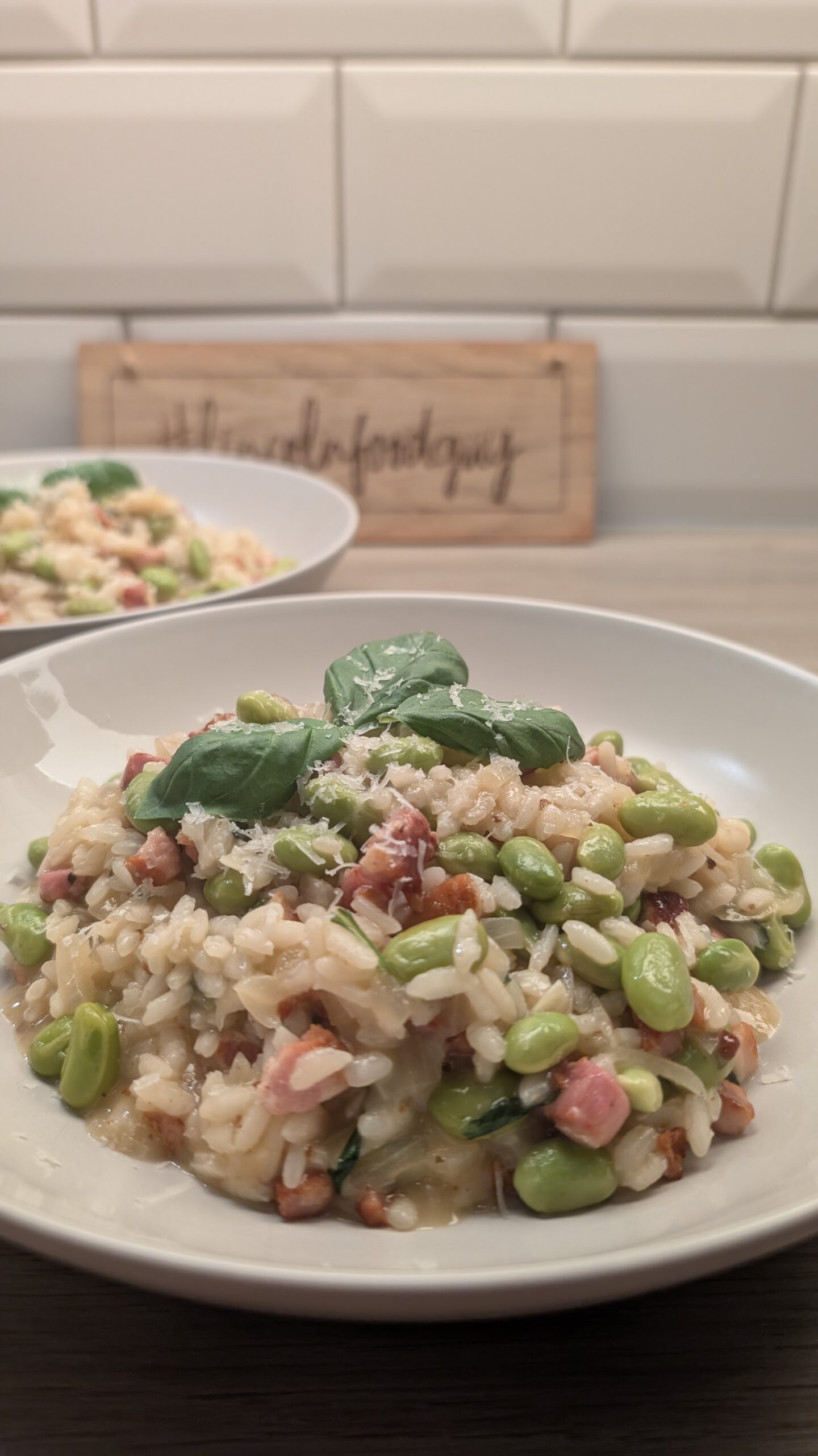 Pancetta, Basil, Edamame and White Wine Risotto
