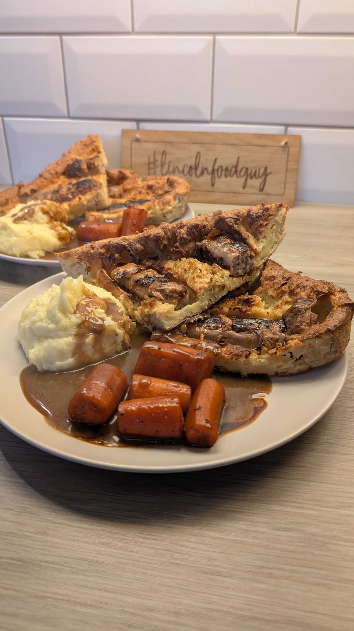 Duck Egg Toad in the Hole, Garlic Mash Potato and Balsamic Carrots with Gravy