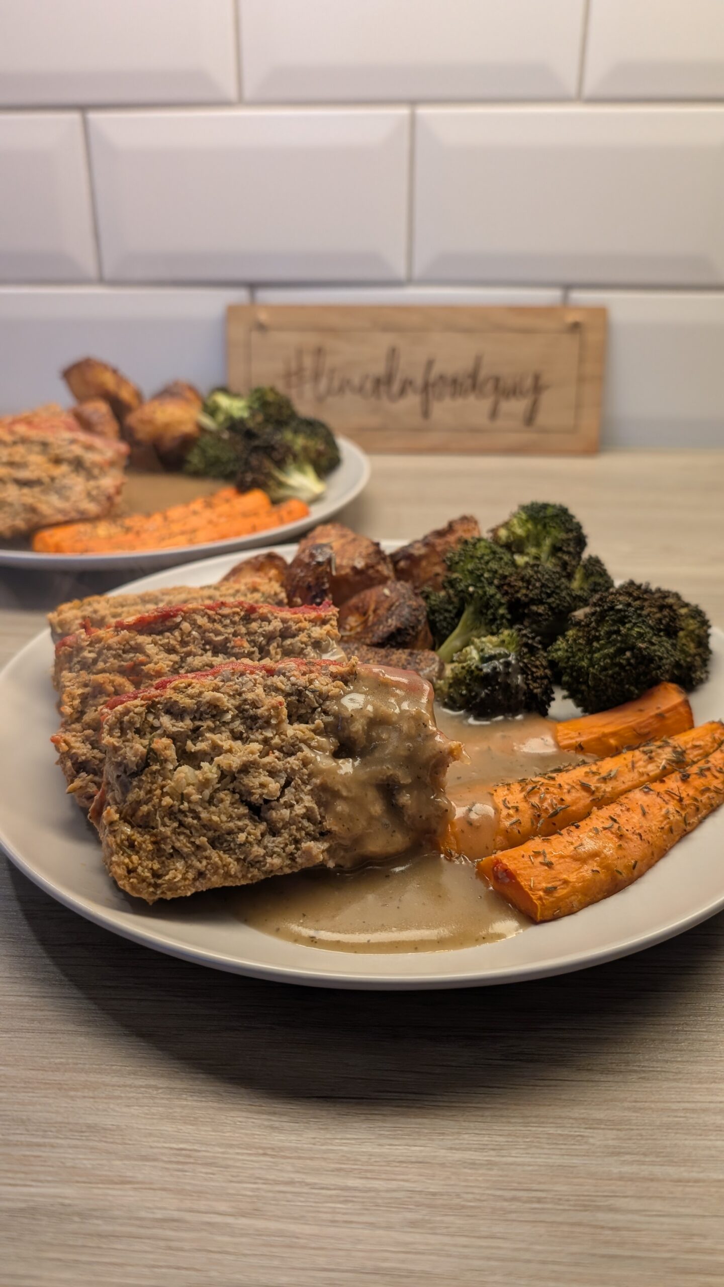 Meatloaf, Rosemary Roast Potatoes, Roasted Broccoli and Carrots with a Southern Style Gravy