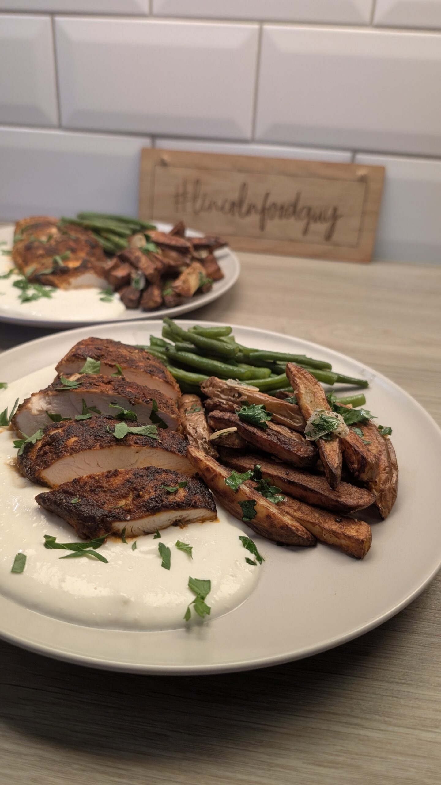 Dry Rubbed Chicken Breast, Garlic and Parsley Fries and Hot Honey Green Beans with Whipped Feta