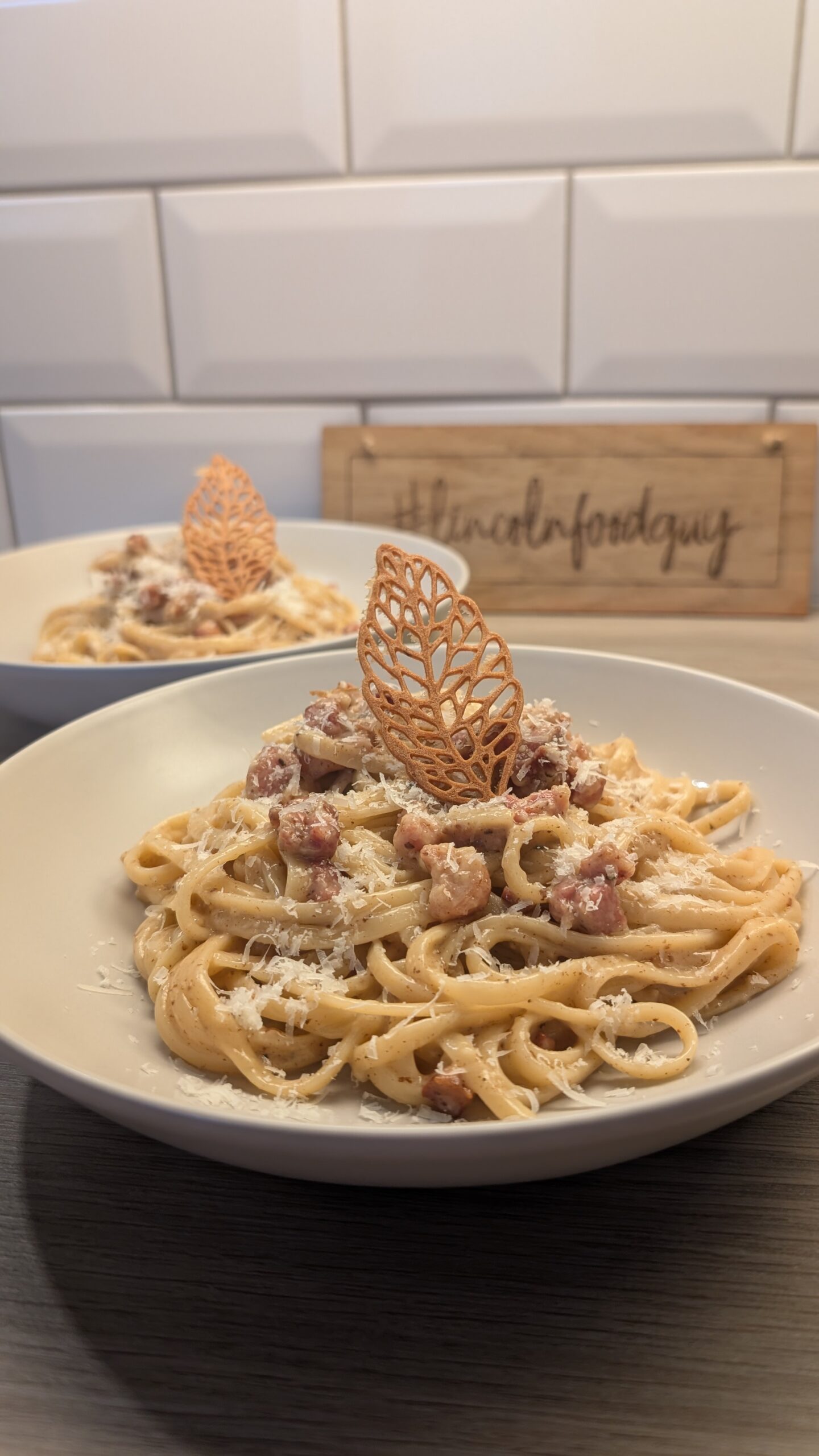 Carbonara with a Roasted Garlic and Parmesan Tuile