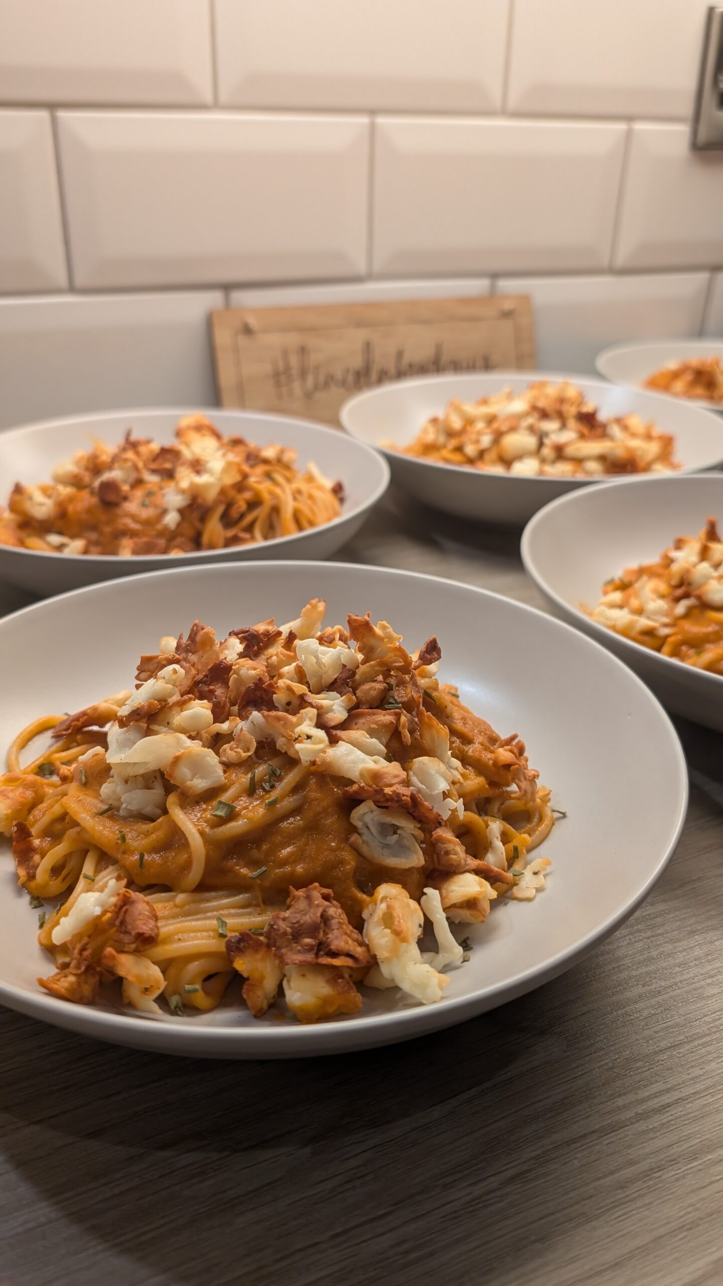 Spaghetti in a Roasted Tomato and Vegetable Mascarpone Sauce Topped with Crispy Shredded Halloumi