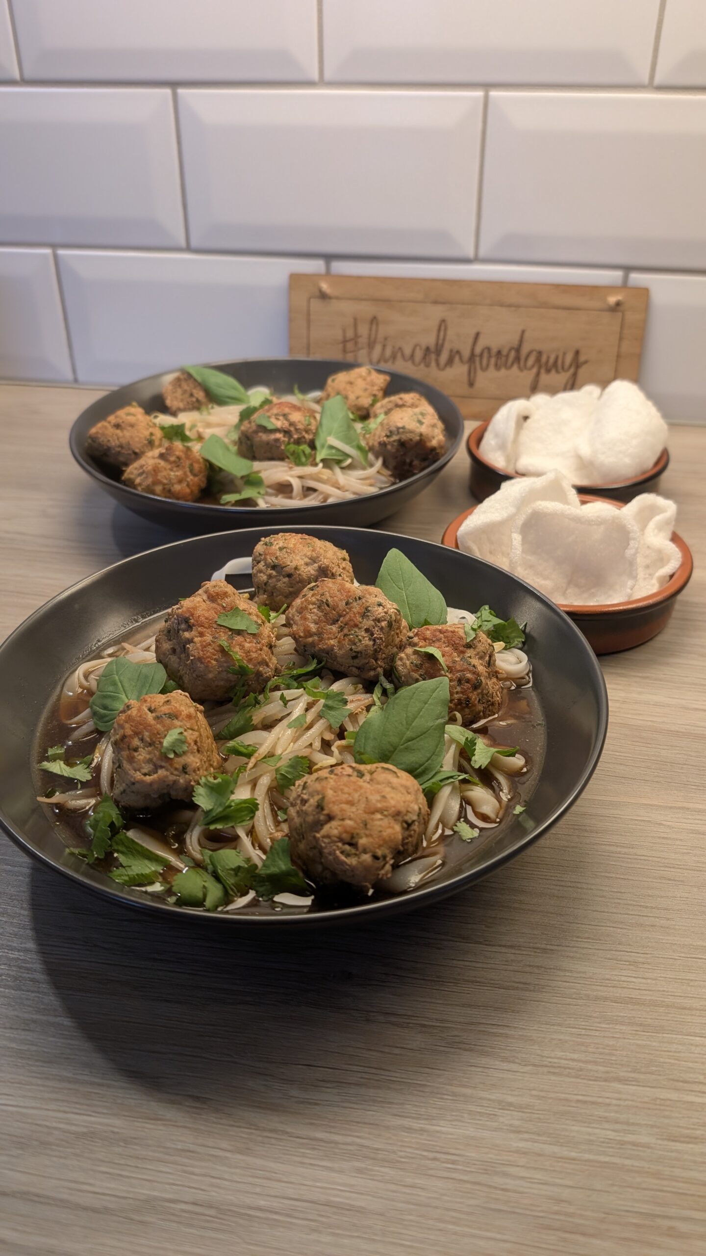 Thai Pork Meatball Noodle Soup with Fresh Prawn Crackers