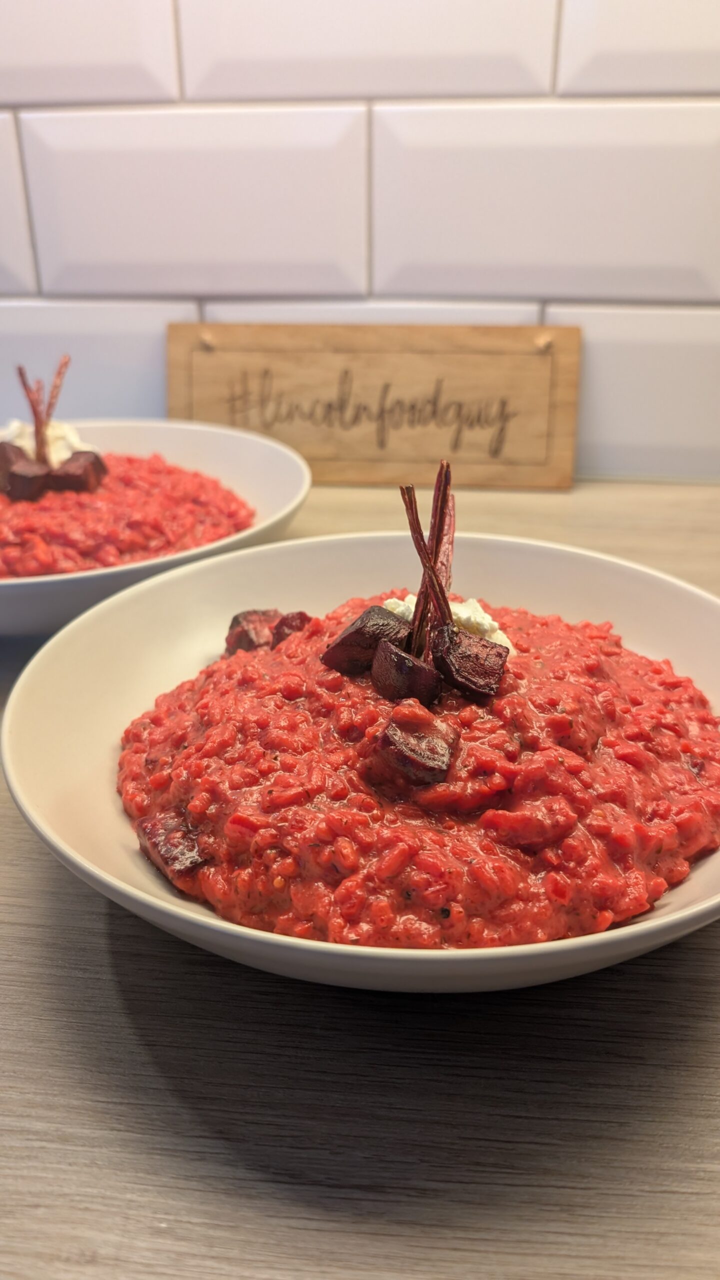 Roasted Beetroot and Mascarpone Risotto Topped with Crispy Beetroot Stems